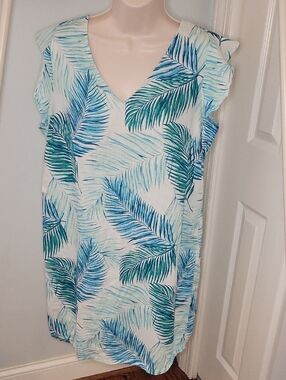 Tahari Blue & Teal Palm-Print V-Neck Linen Shift Dress Size Medium